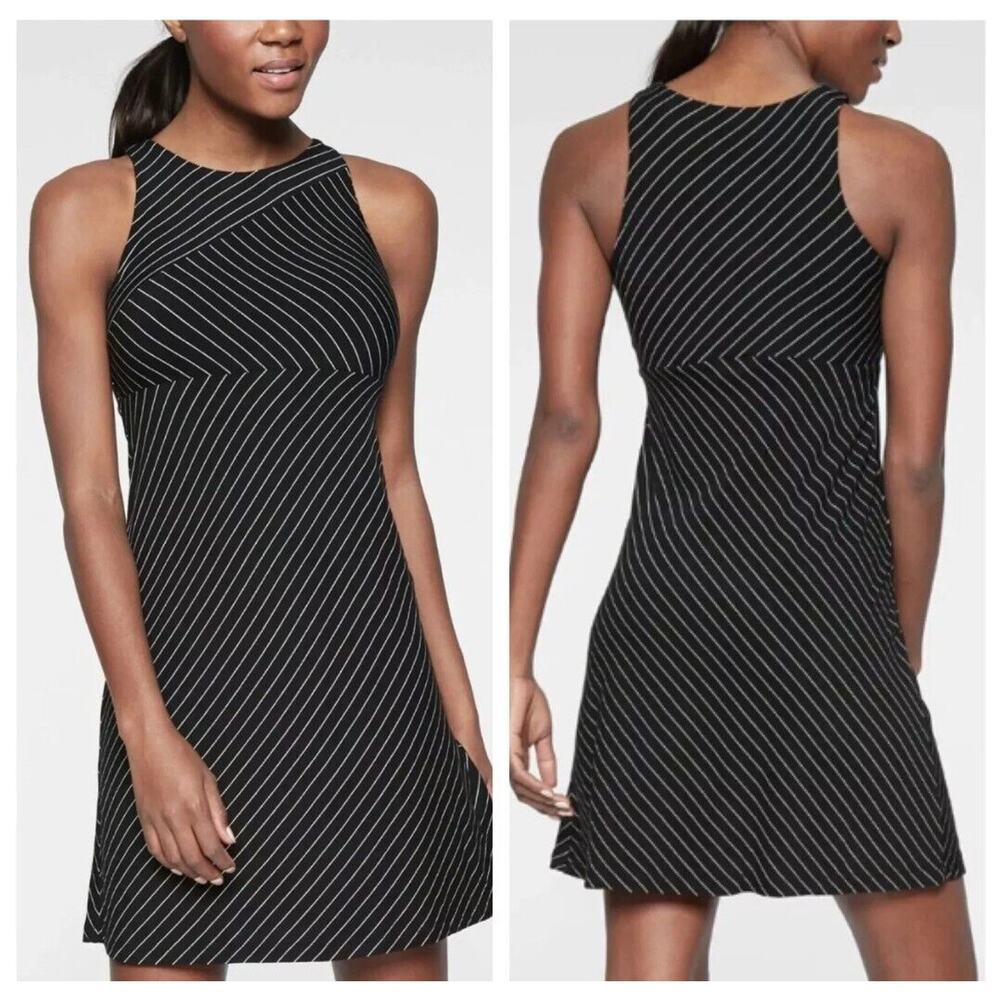 Athleta Santorini High Neck Tank Striped‎ Sleeveless Dress XS Black Knee Length